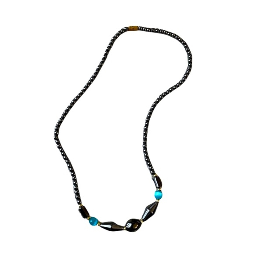 Vintage Alaskan Black Diamond Blue Stone Gold Bead Necklace Hematite Agate 90s